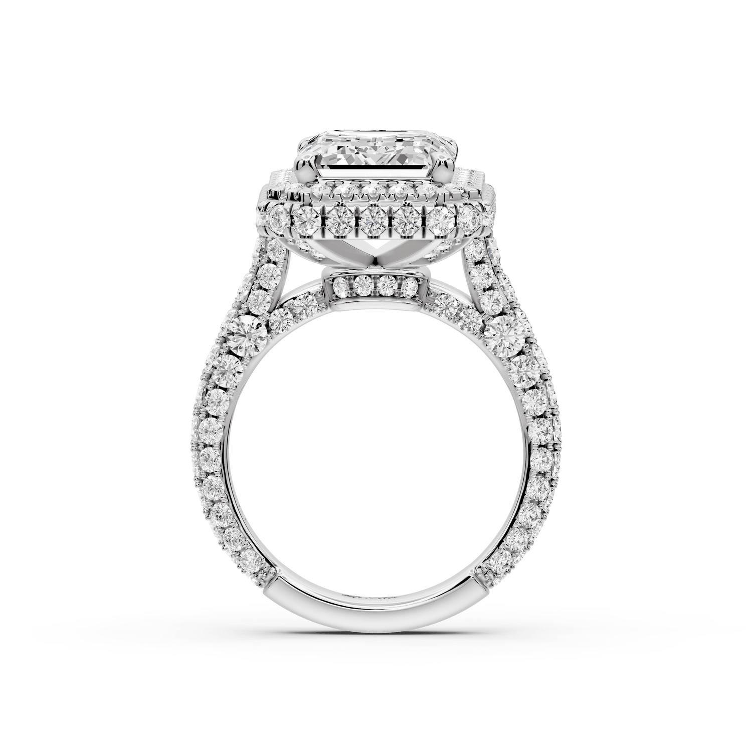 Helena - 5ct 14k white gold Emerald Double Halo Engagement Ring with Split-Shank Pavé Band - Mr. Alex Jewelry