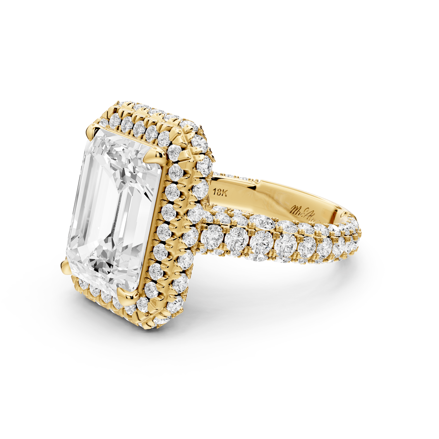 Helena - 5ct 14k yellow gold Emerald Double Halo Engagement Ring with Split-Shank Pavé Band - Mr. Alex Jewelry