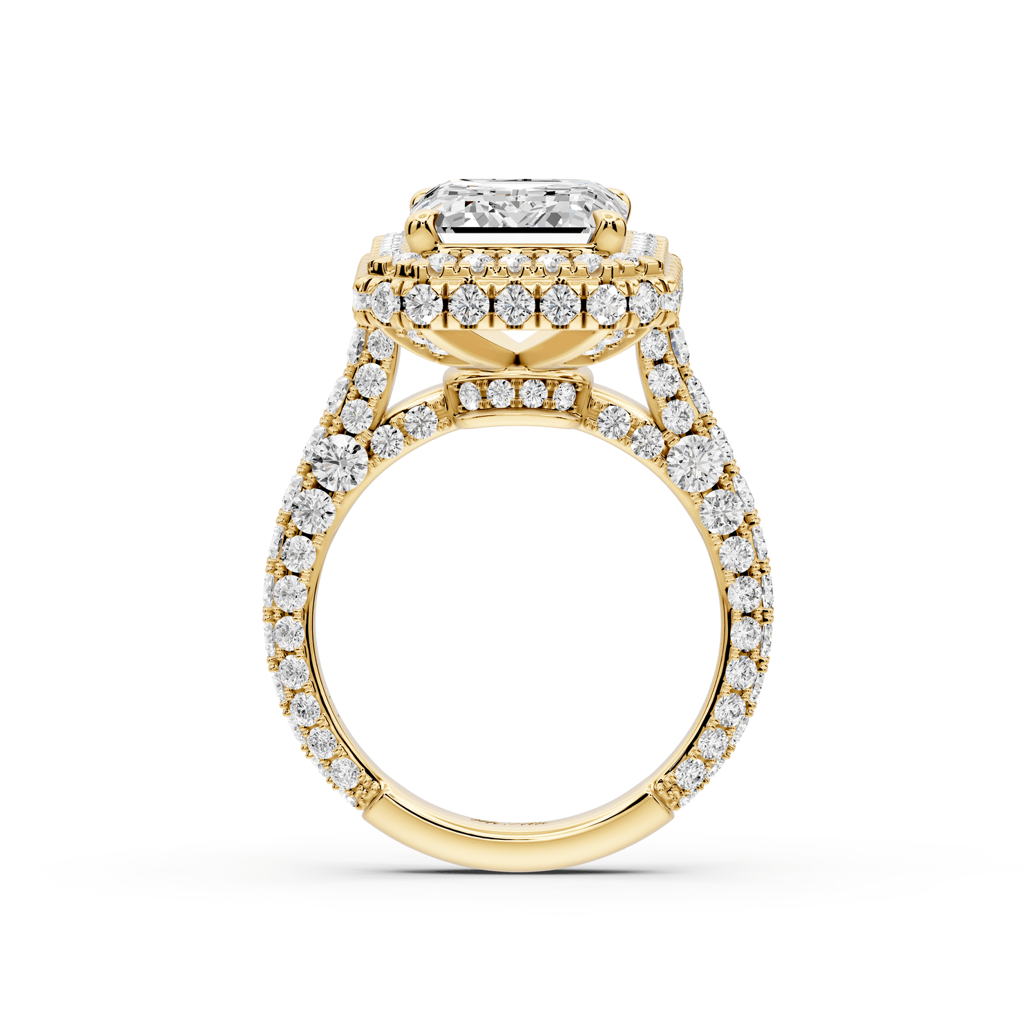 Helena - 5ct 14k yellow gold Emerald Double Halo Engagement Ring with Split-Shank Pavé Band - Mr. Alex Jewelry
