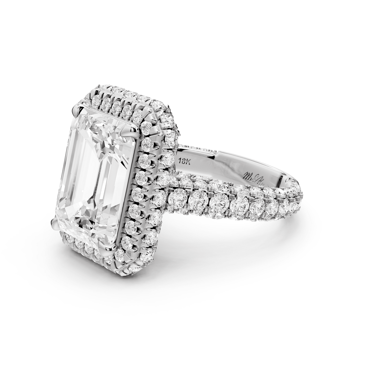 Helena - 5ct 18k white gold Emerald Double Halo Engagement Ring with Split-Shank Pavé Band - Mr. Alex Jewelry