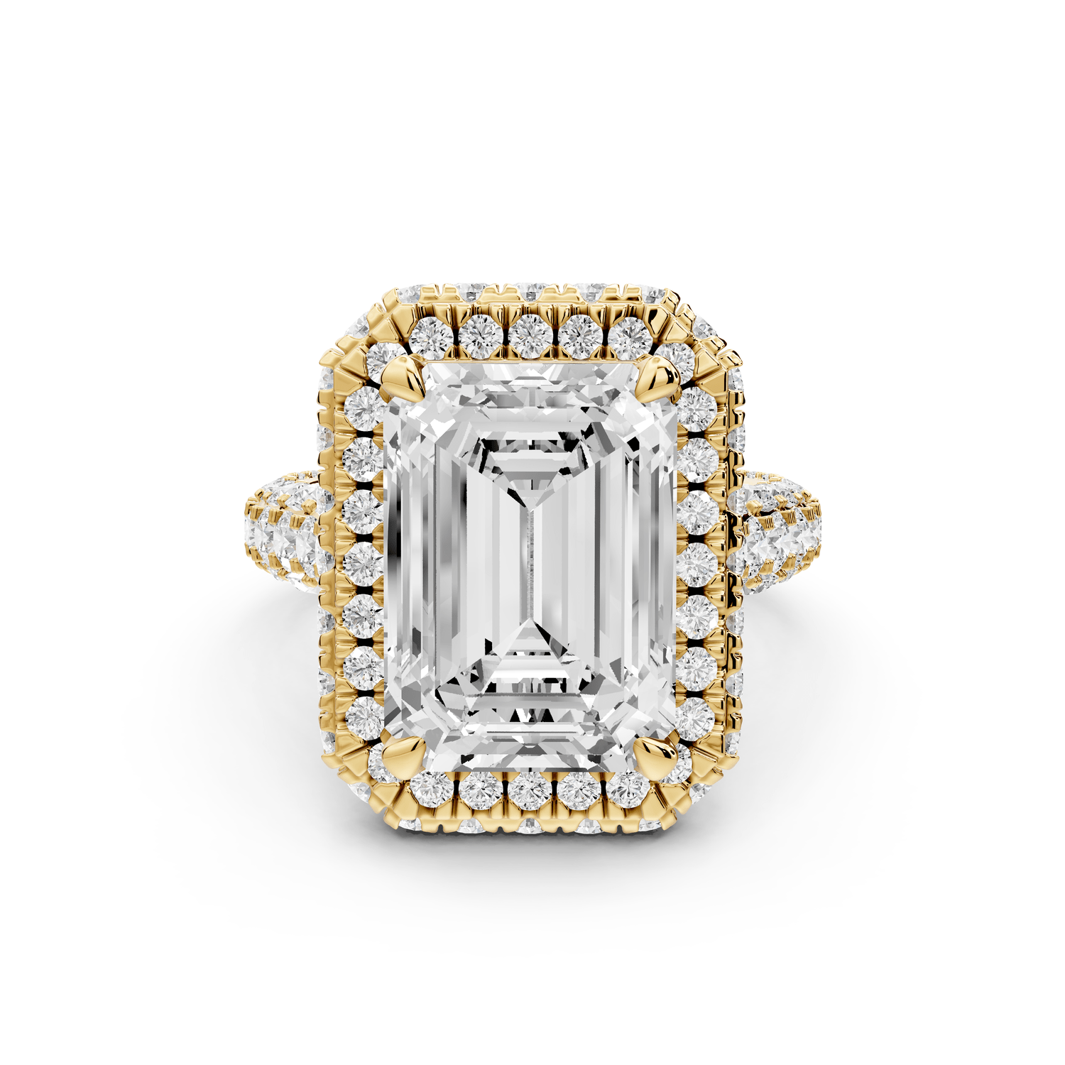 Helena - 5ct 18k yellow gold Emerald Double Halo Engagement Ring with Split-Shank Pavé Band - Mr. Alex Jewelry