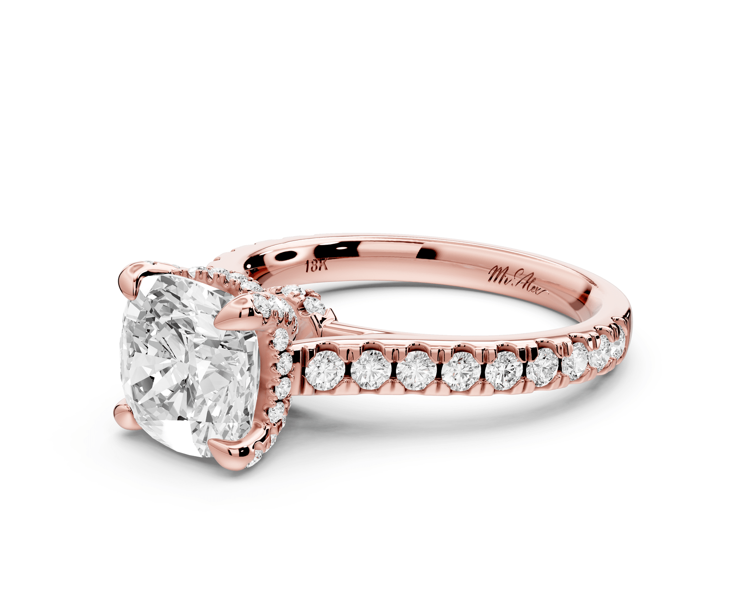 Iris - 2ct 14k rose gold Three stone cushion Halo engagement ring - Mr. Alex Jewelry