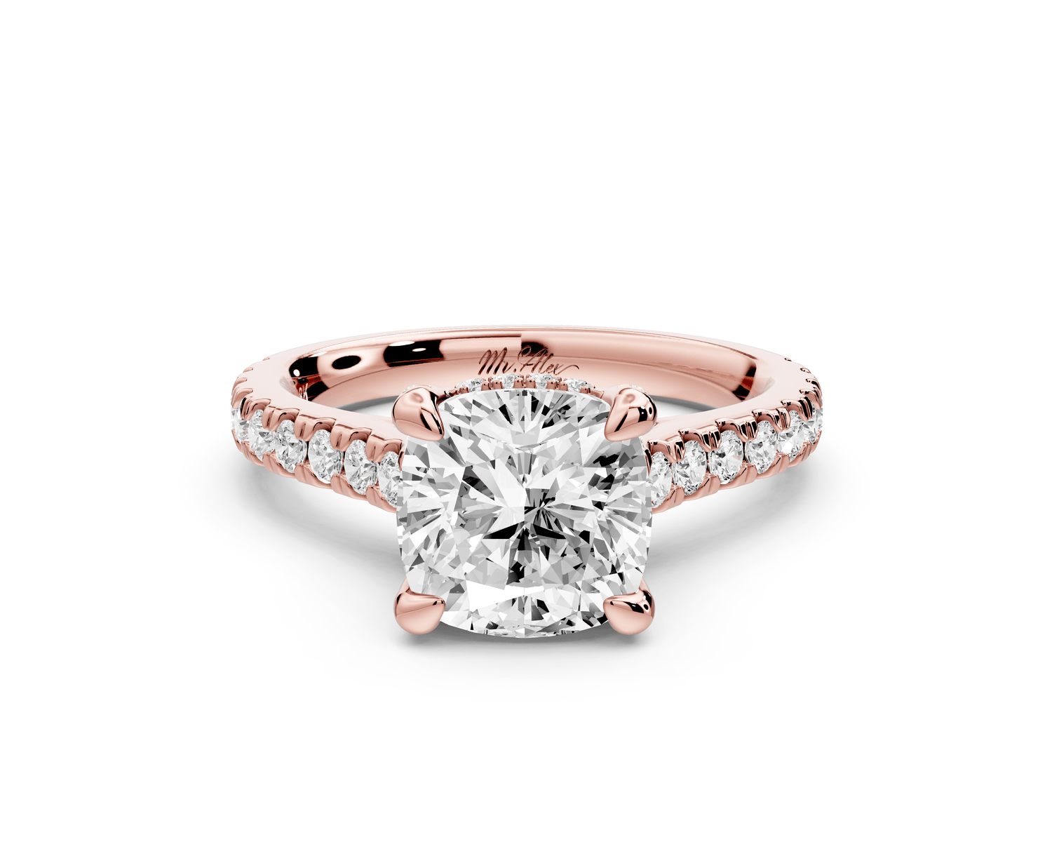Iris - 2ct 14k rose gold Three stone cushion Halo engagement ring - Mr. Alex Jewelry