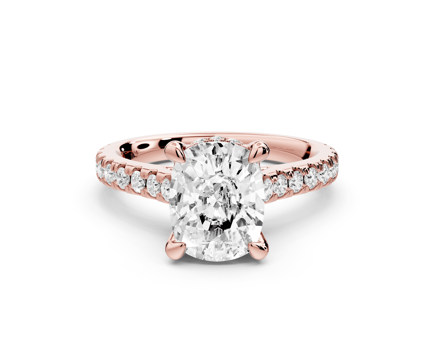 Iris - 2ct 14k rose gold Three stone Elongated Cushion Halo engagement ring - Mr. Alex Jewelry