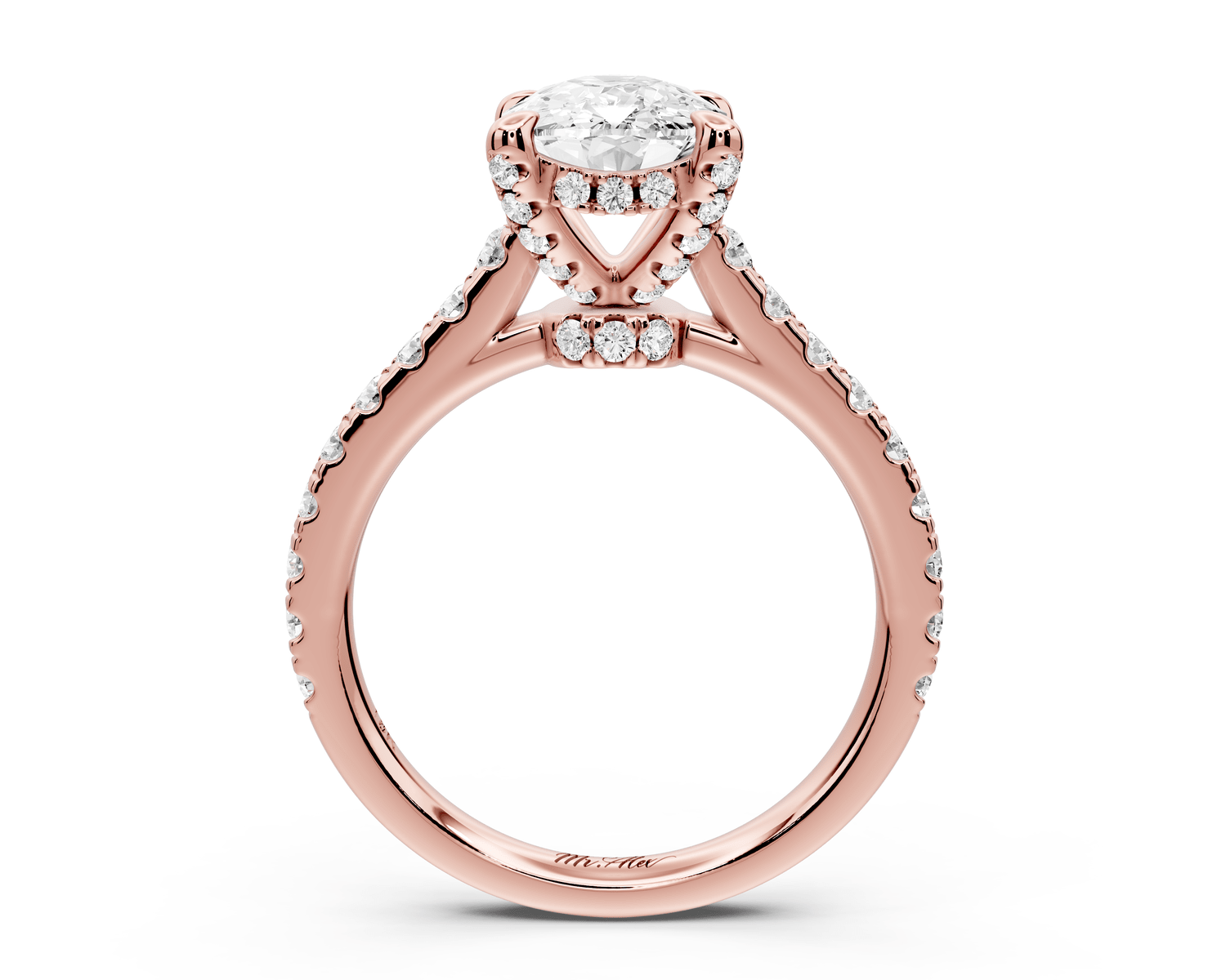 Iris - 2ct 14k rose gold Three stone Elongated Cushion Halo engagement ring - Mr. Alex Jewelry