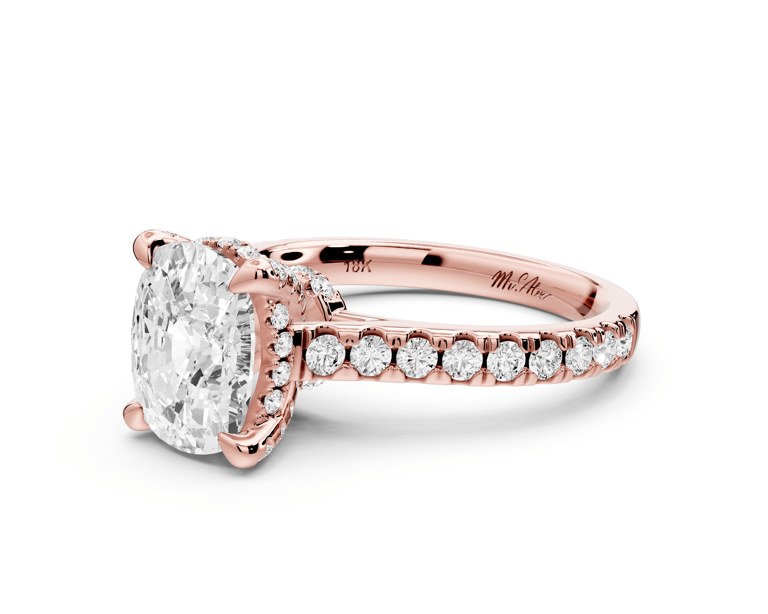 Iris - 2ct 14k rose gold Three stone Elongated Cushion Halo engagement ring - Mr. Alex Jewelry