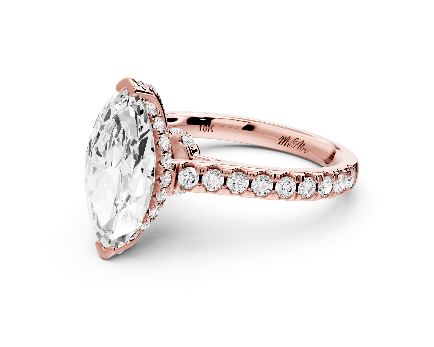 Iris - 2ct 14k rose gold Three stone marquise Halo engagement ring - Mr. Alex Jewelry