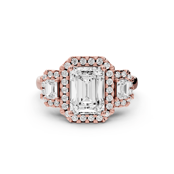 Iris - 2ct 14k rose gold Three stone radiant Halo engagement ring - Mr. Alex Jewelry
