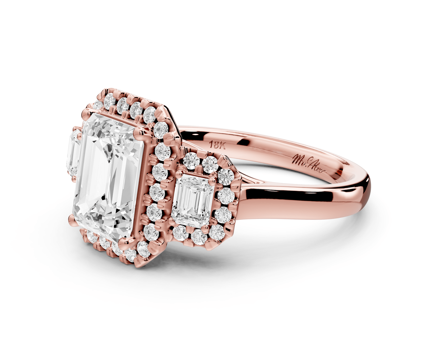 Iris - 2ct 14k rose gold Three stone radiant Halo engagement ring - Mr. Alex Jewelry