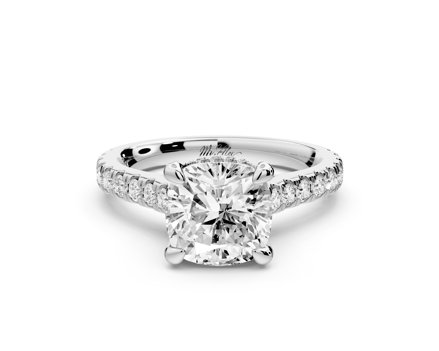Iris - 2ct 14k white gold Three stone cushion Halo engagement ring - Mr. Alex Jewelry