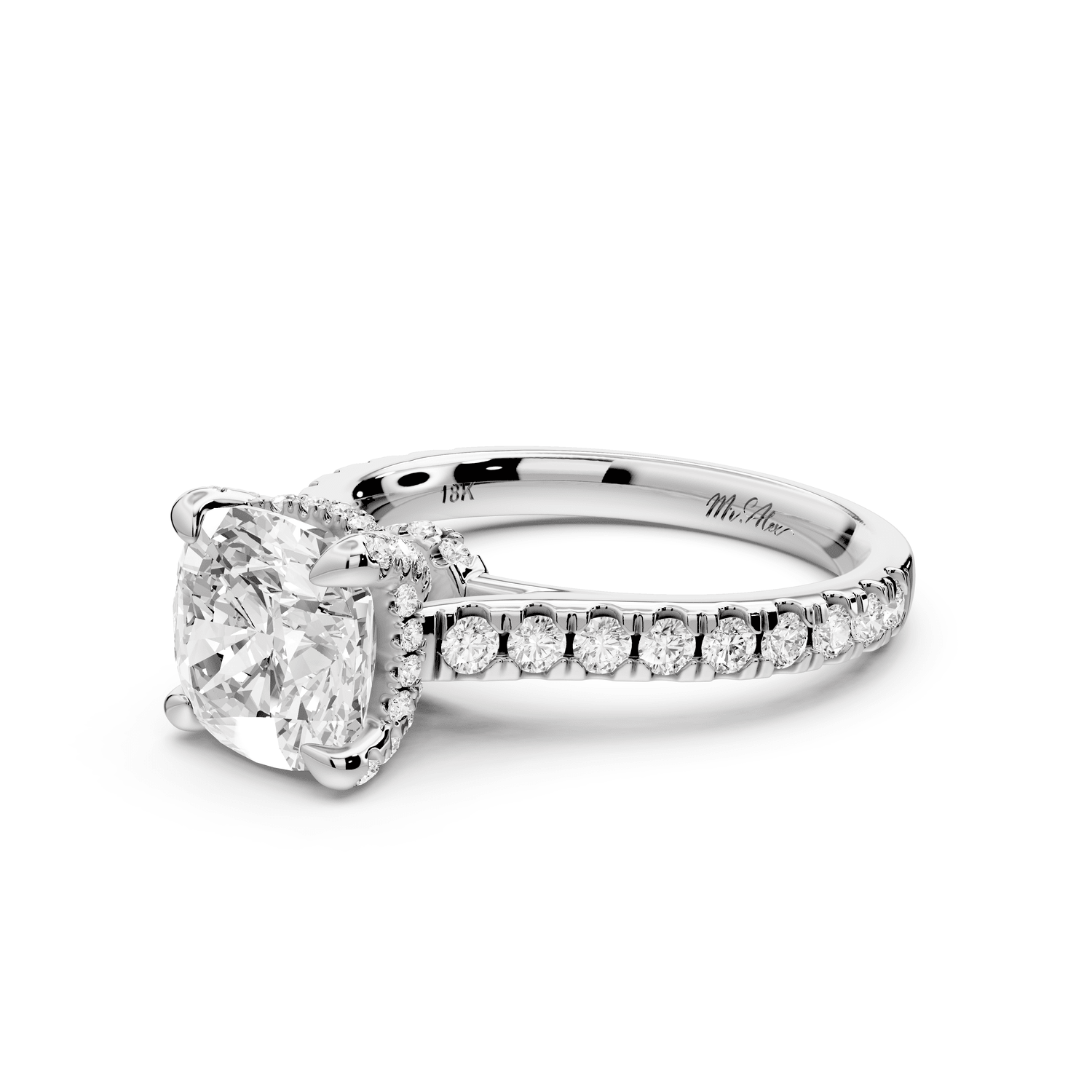 Iris - 2ct 14k white gold Three stone cushion Halo engagement ring - Mr. Alex Jewelry