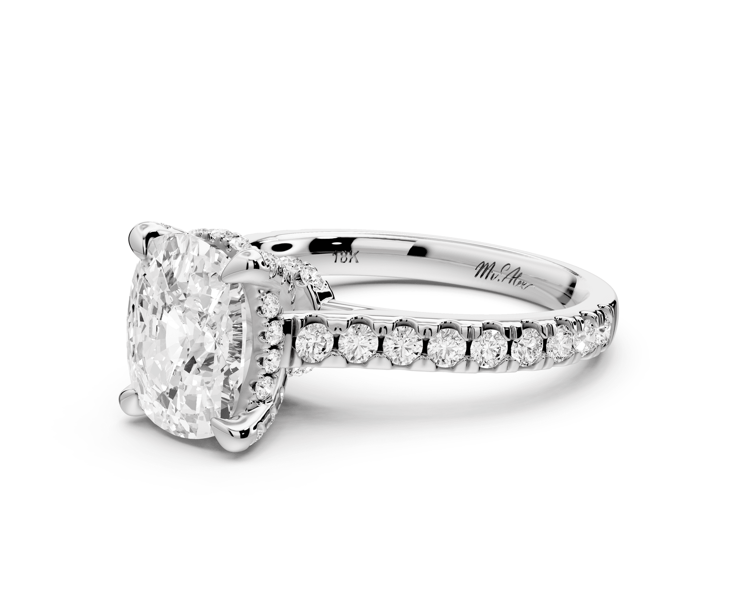 Iris - 2ct 14k white gold Three stone Elongated Cushion Halo engagement ring - Mr. Alex Jewelry