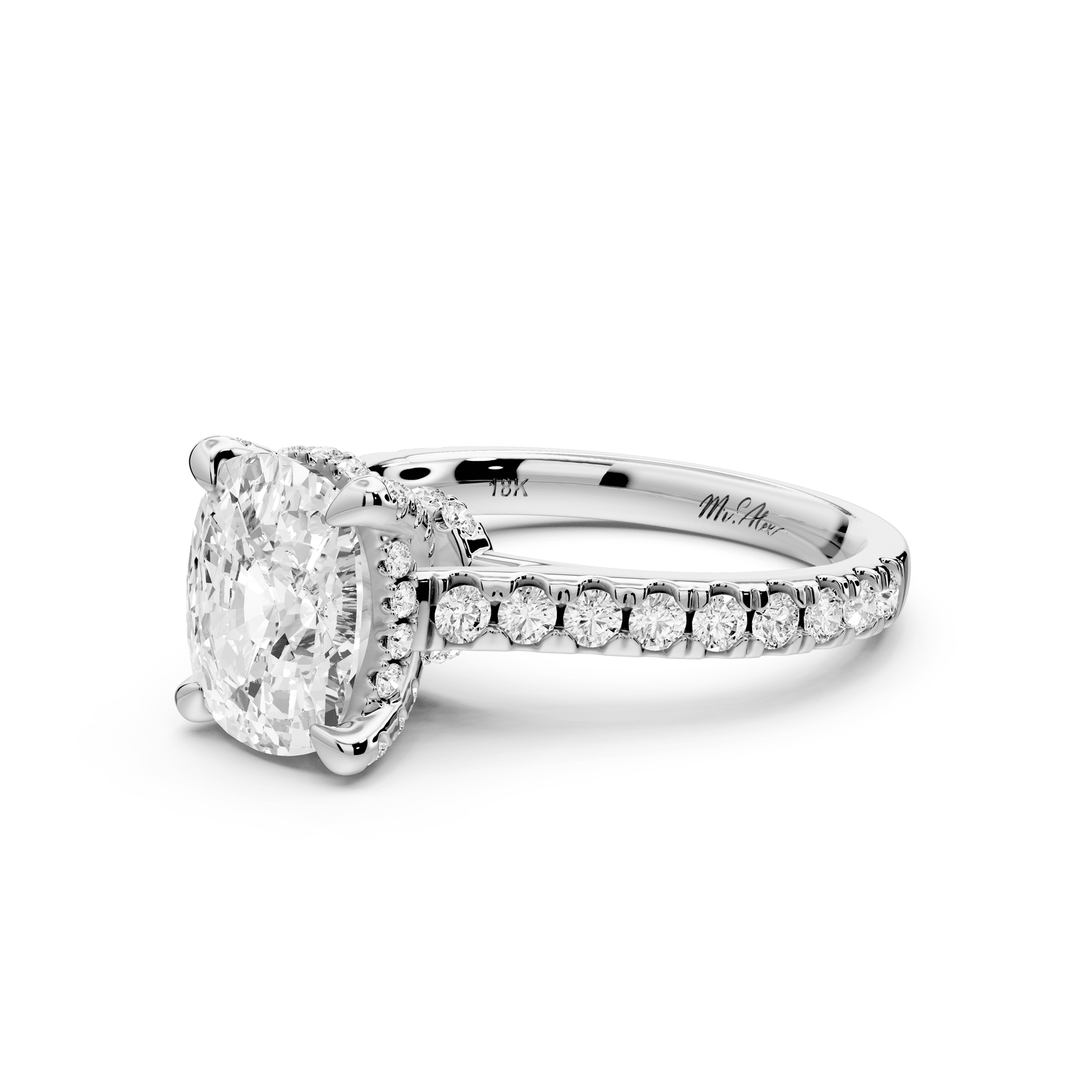 Iris - 2ct 14k white gold Three stone Elongated Cushion Halo engagement ring - Mr. Alex Jewelry