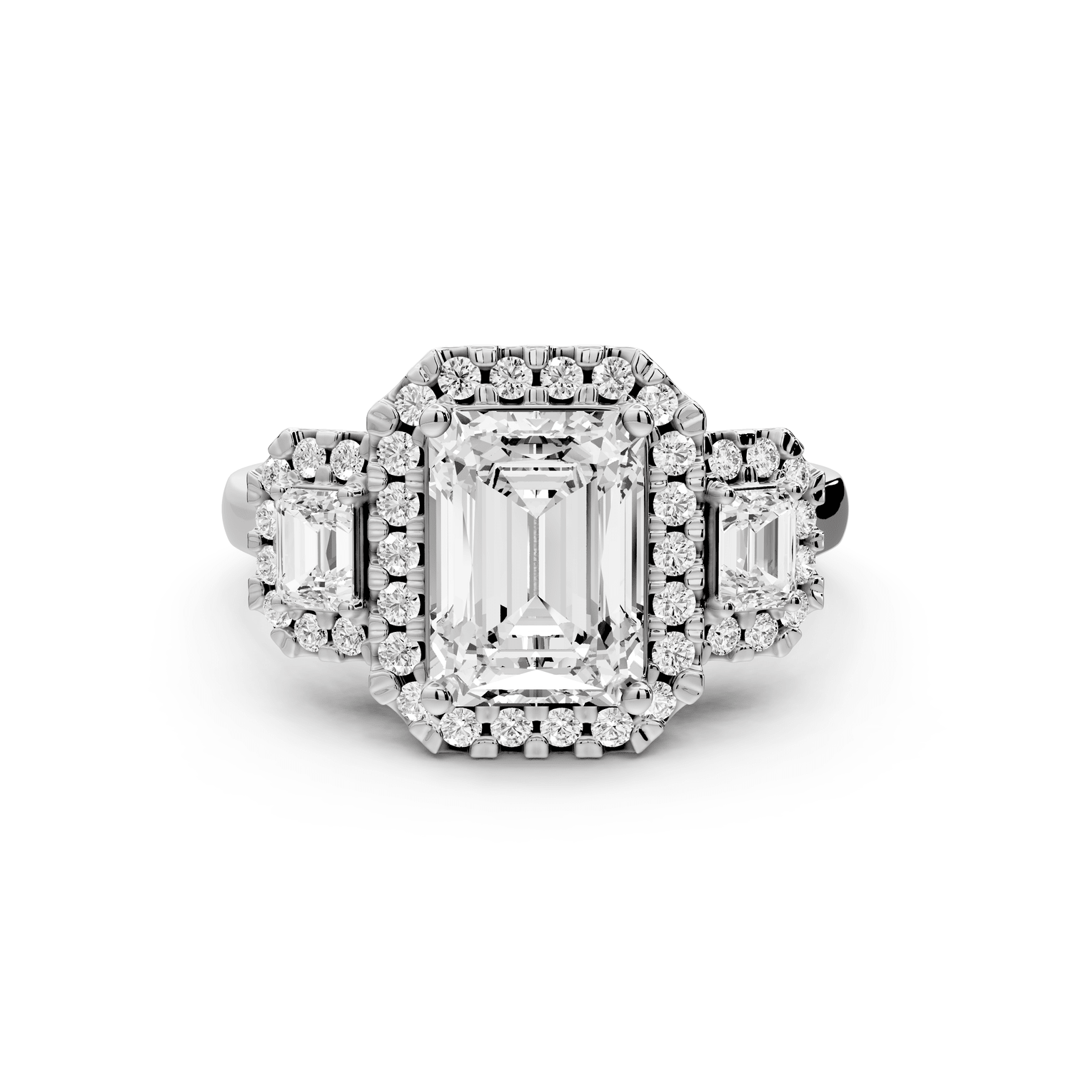 Iris - 2ct 14k white gold Three stone radiant Halo engagement ring - Mr. Alex Jewelry