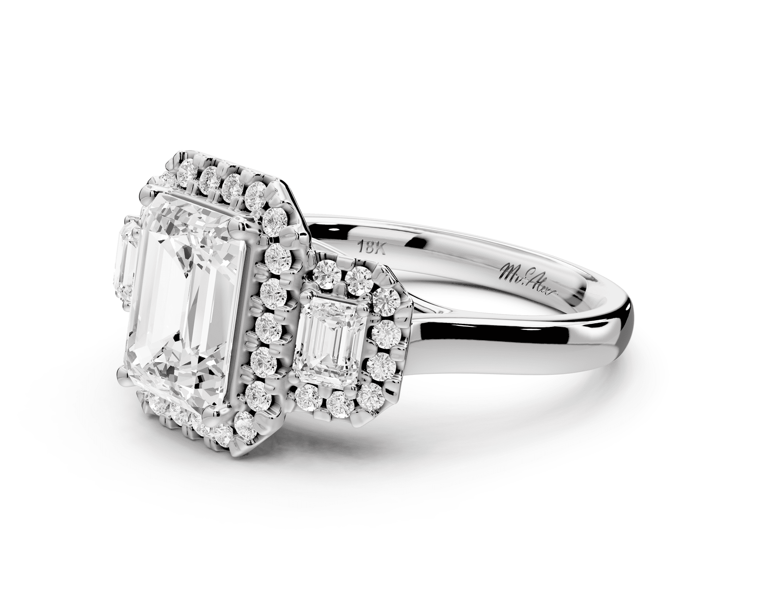 Iris - 2ct 14k white gold Three stone radiant Halo engagement ring - Mr. Alex Jewelry