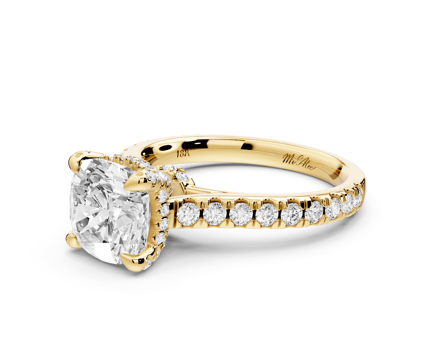 Iris - 2ct 14k yellow gold Three stone cushion Halo engagement ring - Mr. Alex Jewelry