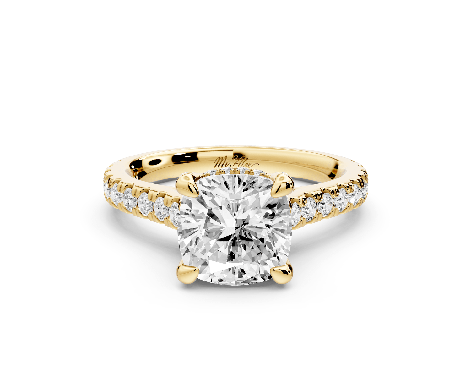 Iris - 2ct 14k yellow gold Three stone cushion Halo engagement ring - Mr. Alex Jewelry