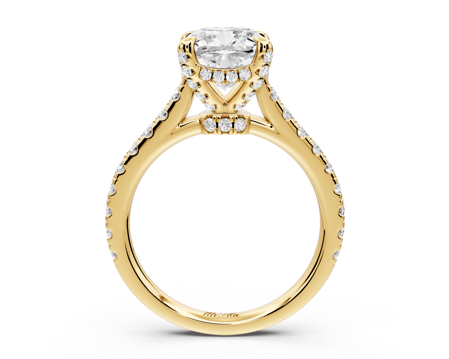 Iris - 2ct 14k yellow gold Three stone cushion Halo engagement ring - Mr. Alex Jewelry