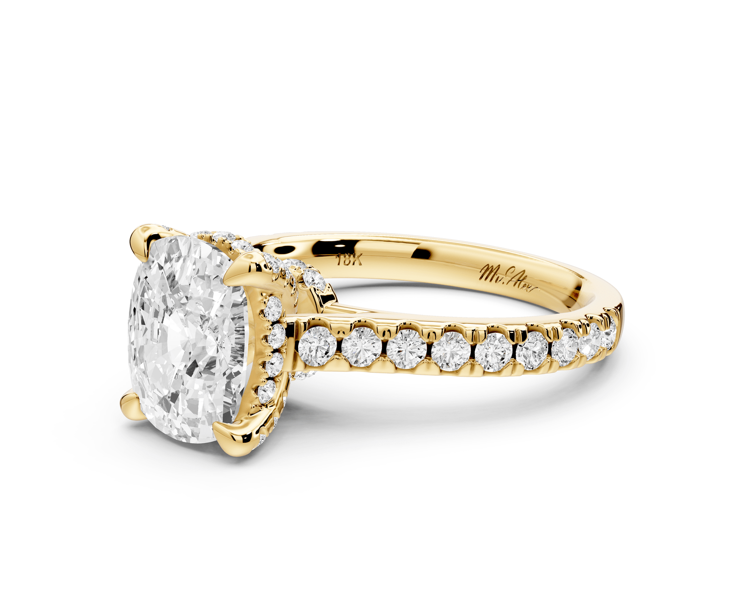 Iris - 2ct 14k yellow gold Three stone Elongated Cushion Halo engagement ring - Mr. Alex Jewelry