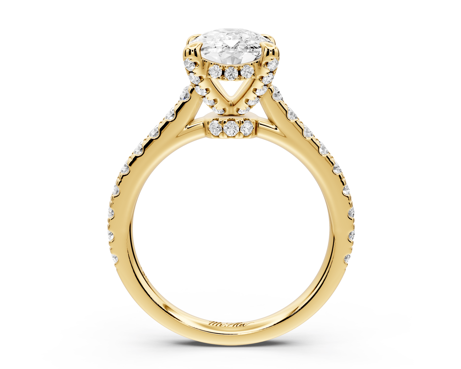 Iris - 2ct 14k yellow gold Three stone Elongated Cushion Halo engagement ring - Mr. Alex Jewelry