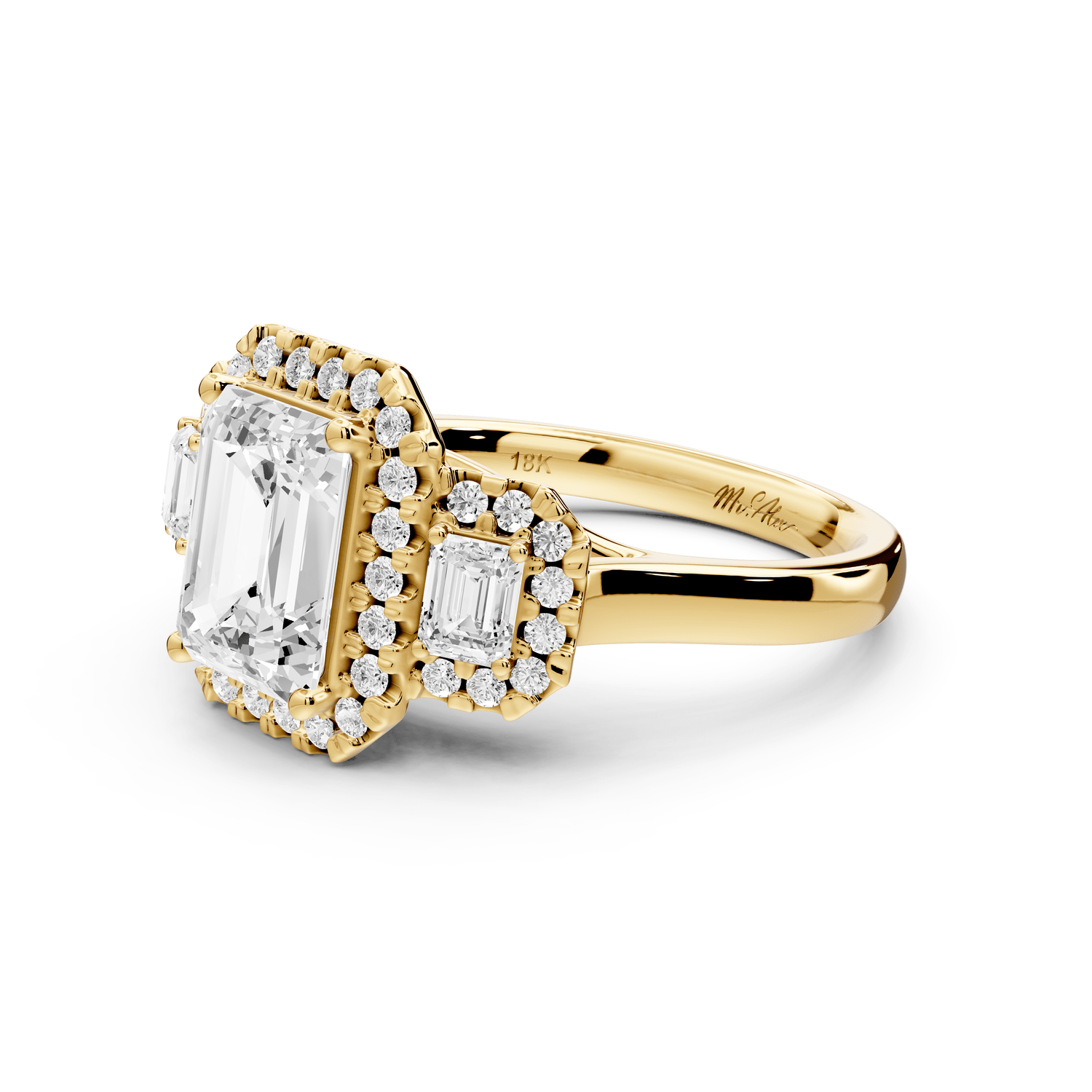 Iris - 2ct 14k yellow gold Three stone radiant Halo engagement ring - Mr. Alex Jewelry