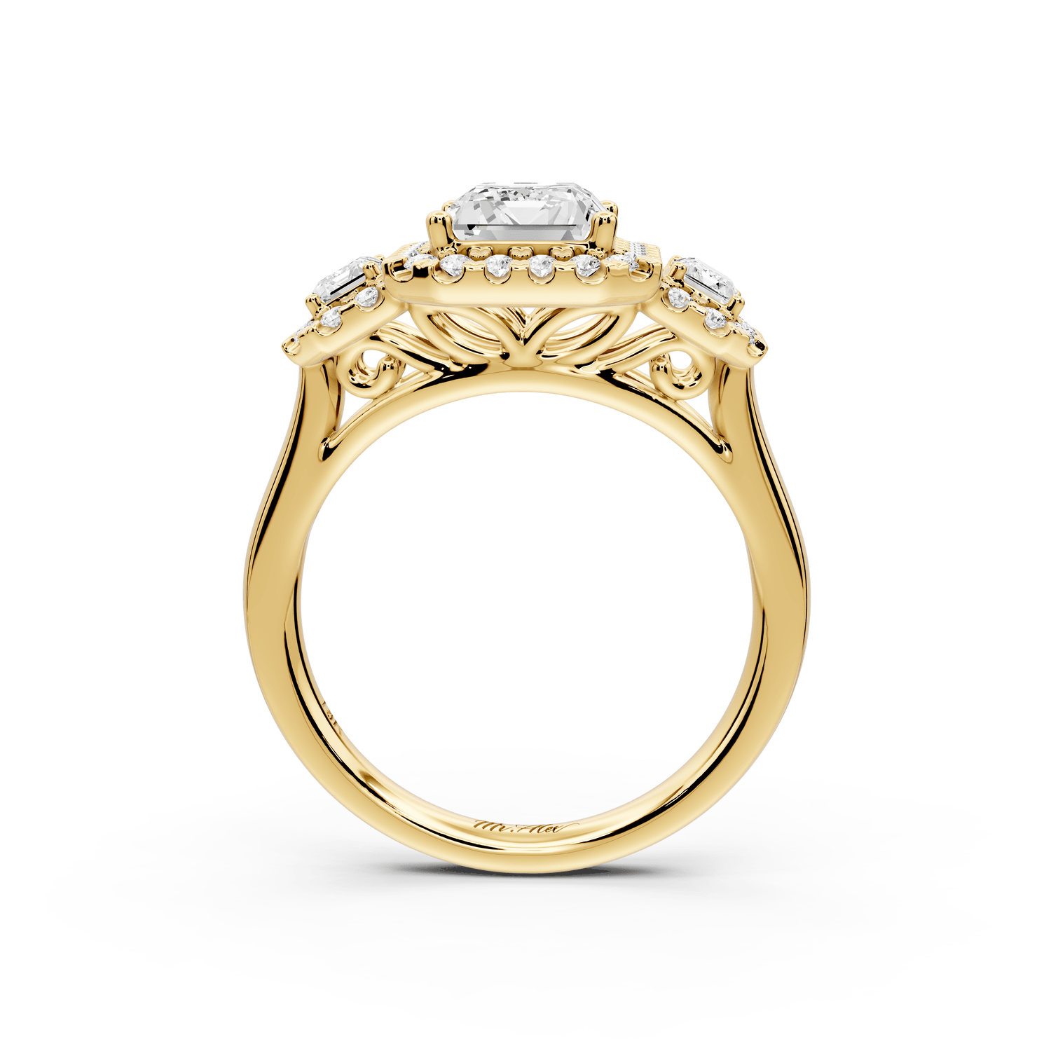 Iris - 2ct 14k yellow gold Three stone radiant Halo engagement ring - Mr. Alex Jewelry