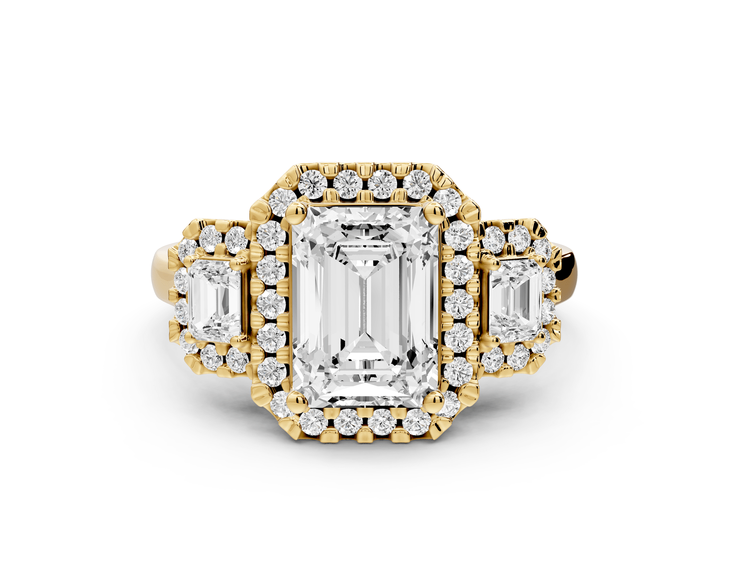 Iris - 2ct 14k yellow gold Three stone radiant Halo engagement ring - Mr. Alex Jewelry