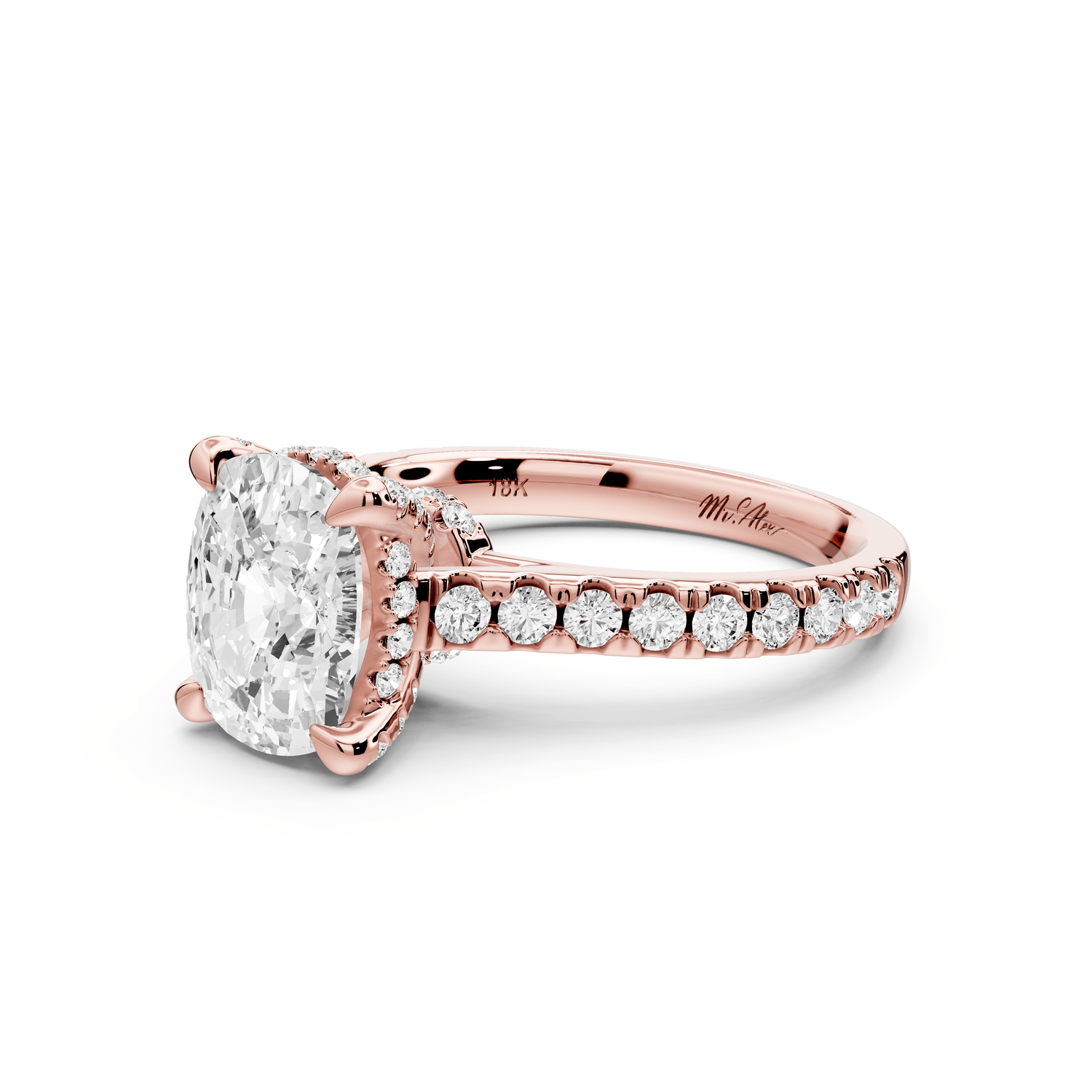 Iris - 2ct 18k rose gold Three stone Elongated Cushion Halo engagement ring - Mr. Alex Jewelry
