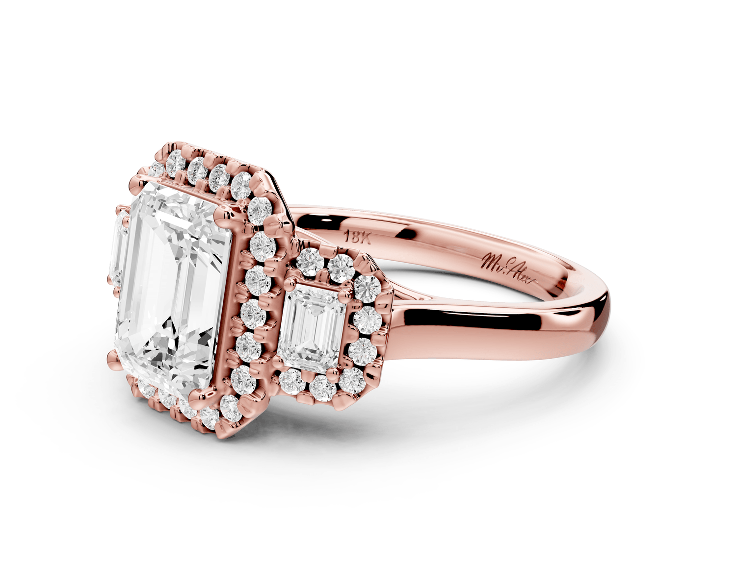 Iris - 2ct 18k rose gold Three stone emerald Halo engagement ring - Mr. Alex Jewelry