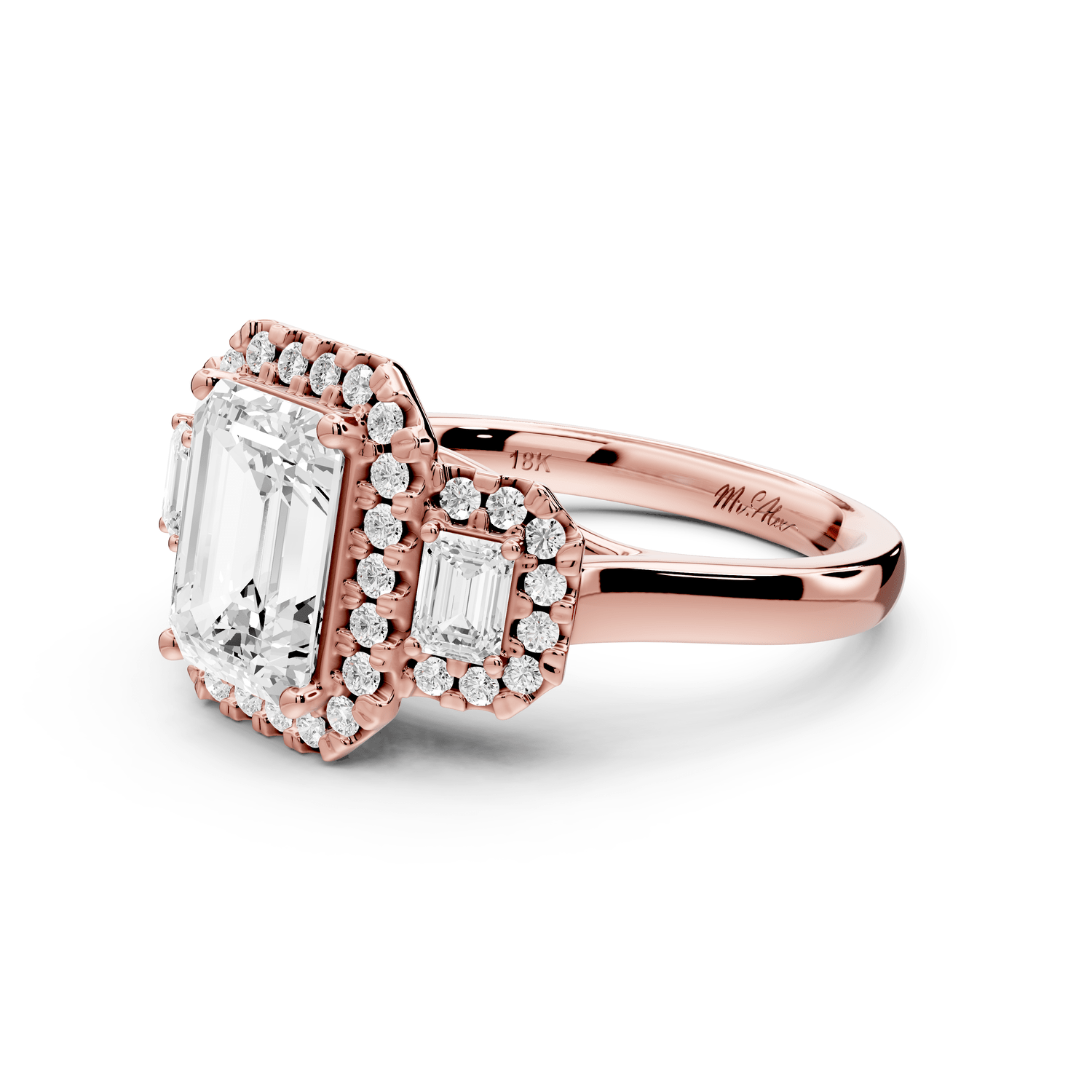 Iris - 2ct 18k rose gold Three stone emerald Halo engagement ring - Mr. Alex Jewelry