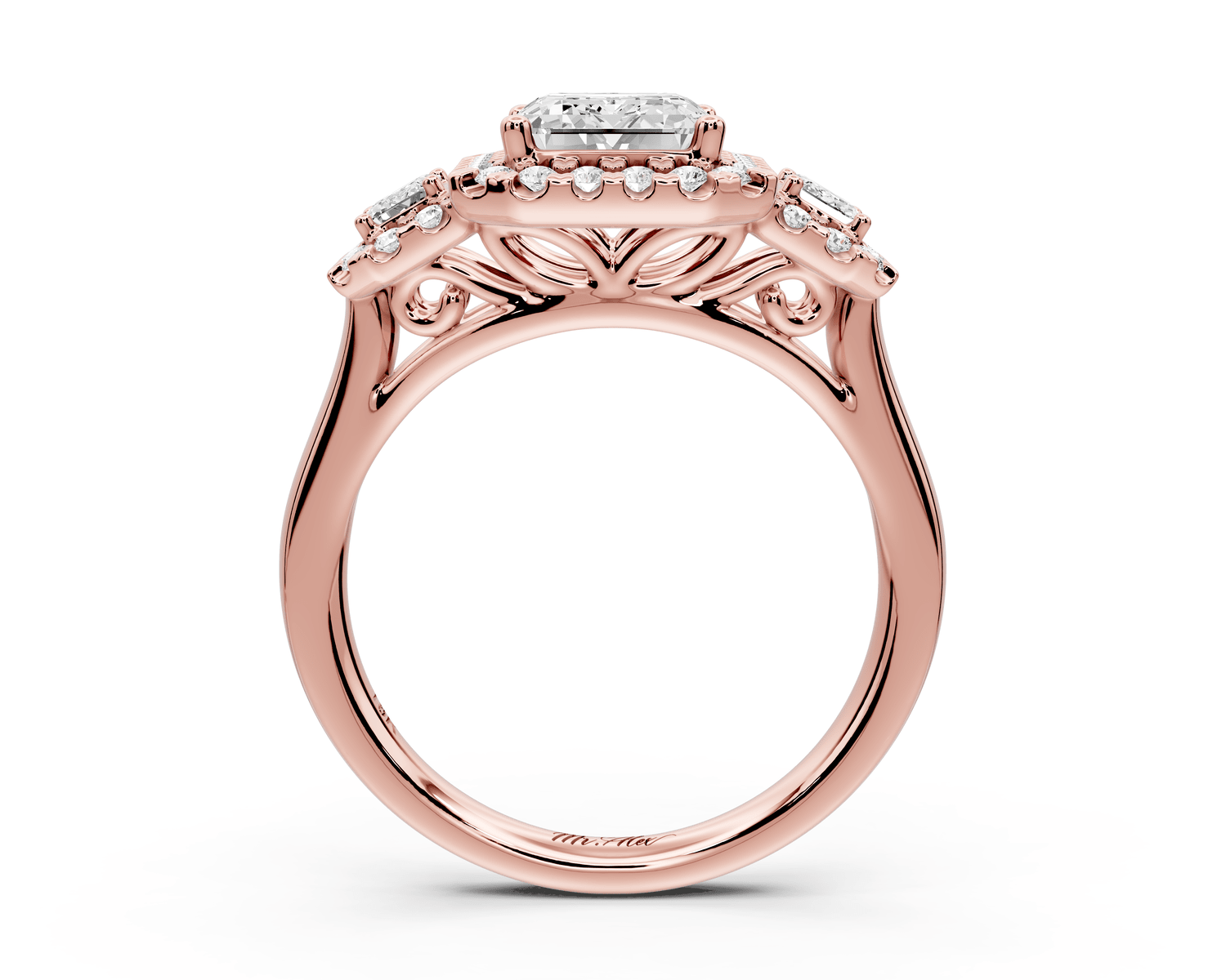 Iris - 2ct 18k rose gold Three stone emerald Halo engagement ring - Mr. Alex Jewelry