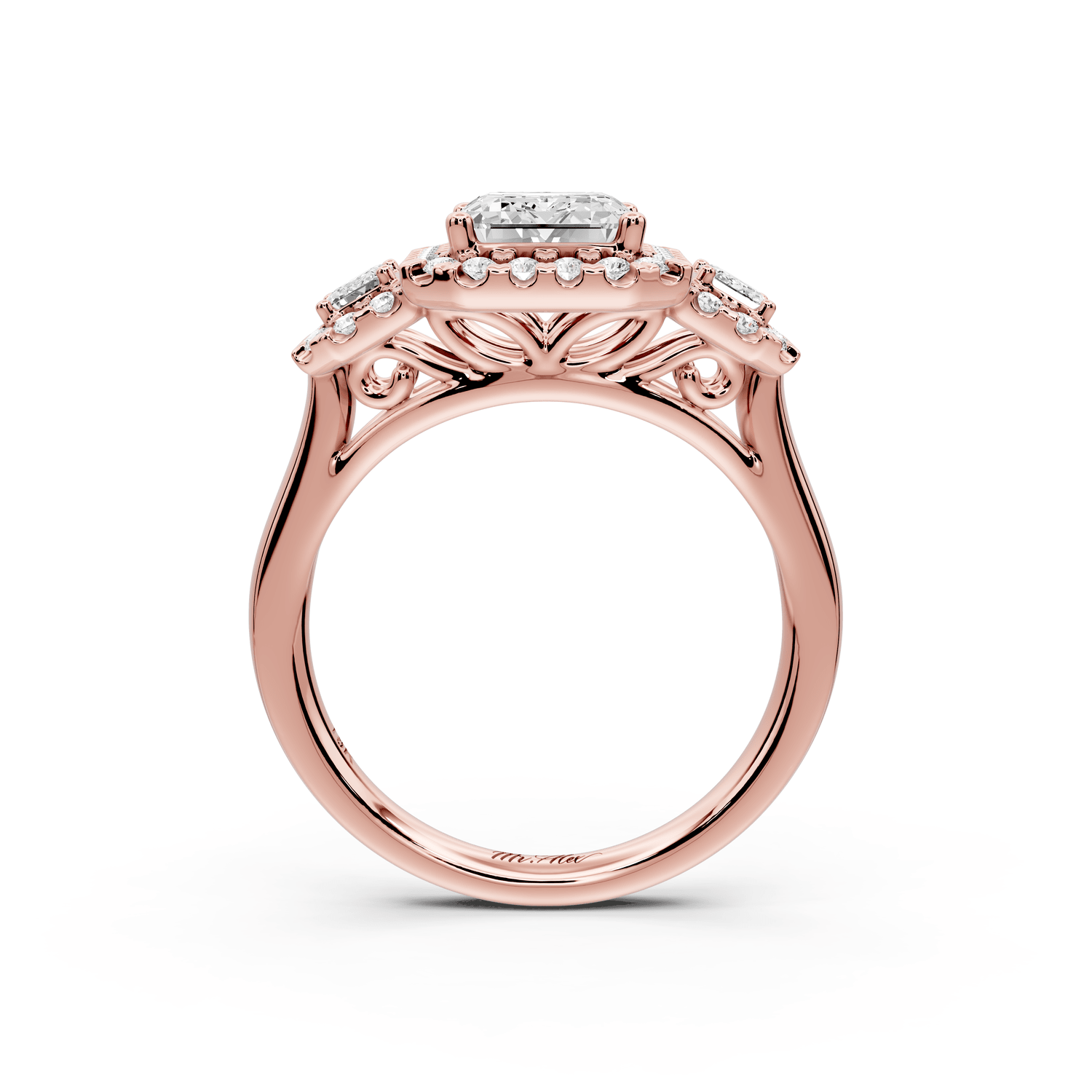 Iris - 2ct 18k rose gold Three stone emerald Halo engagement ring - Mr. Alex Jewelry