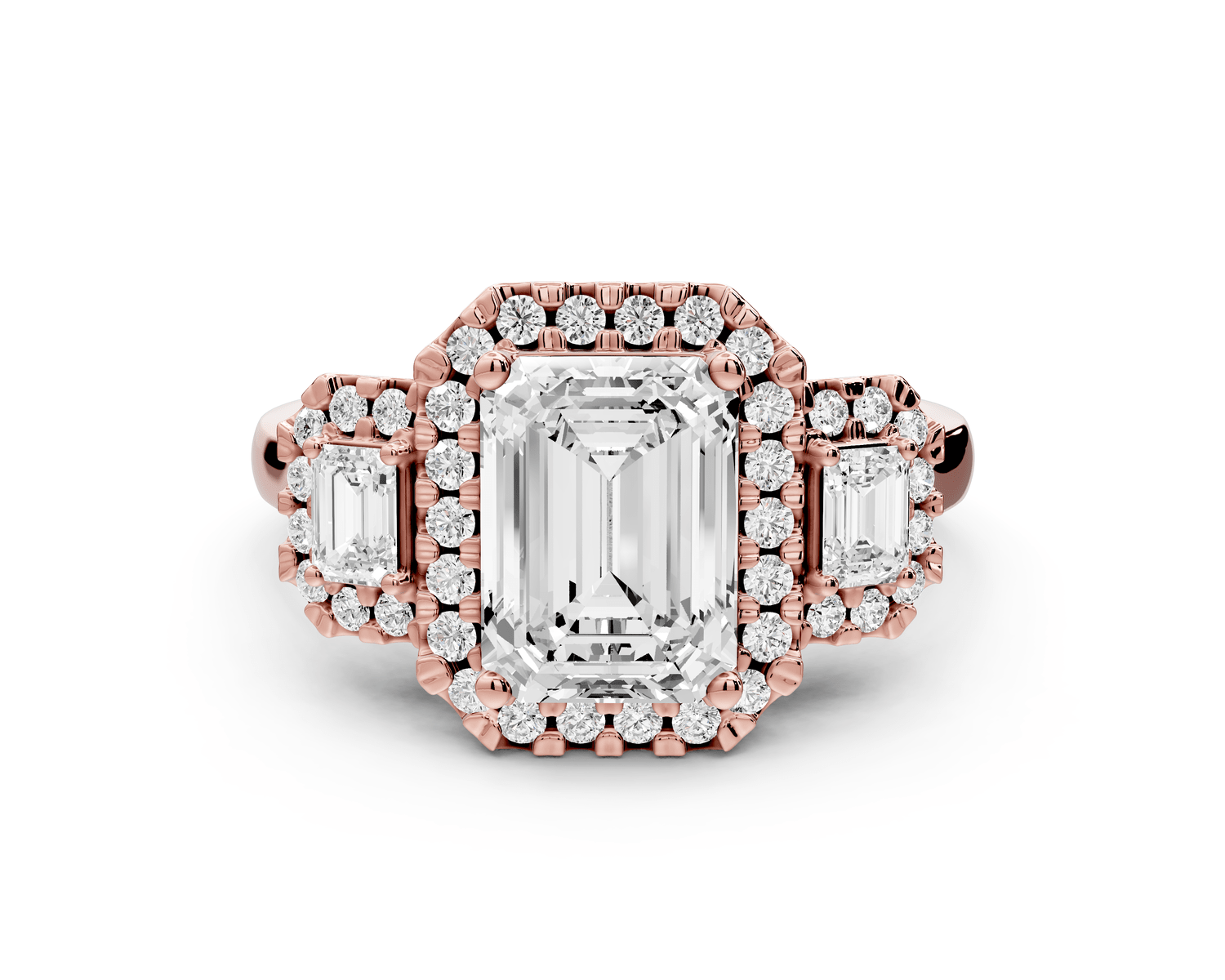 Iris - 2ct 18k rose gold Three stone emerald Halo engagement ring - Mr. Alex Jewelry