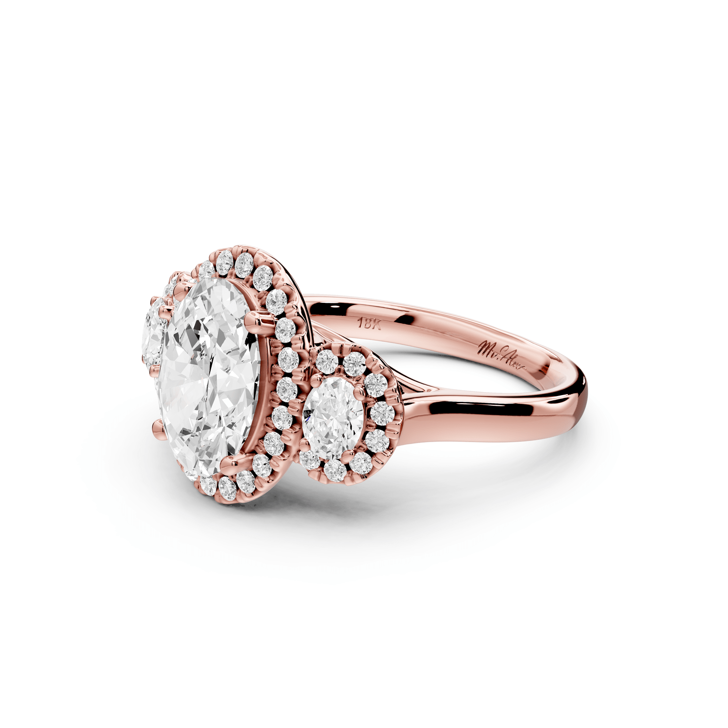 Iris - 2ct 18k rose gold Three stone oval Halo engagement ring - Mr. Alex Jewelry