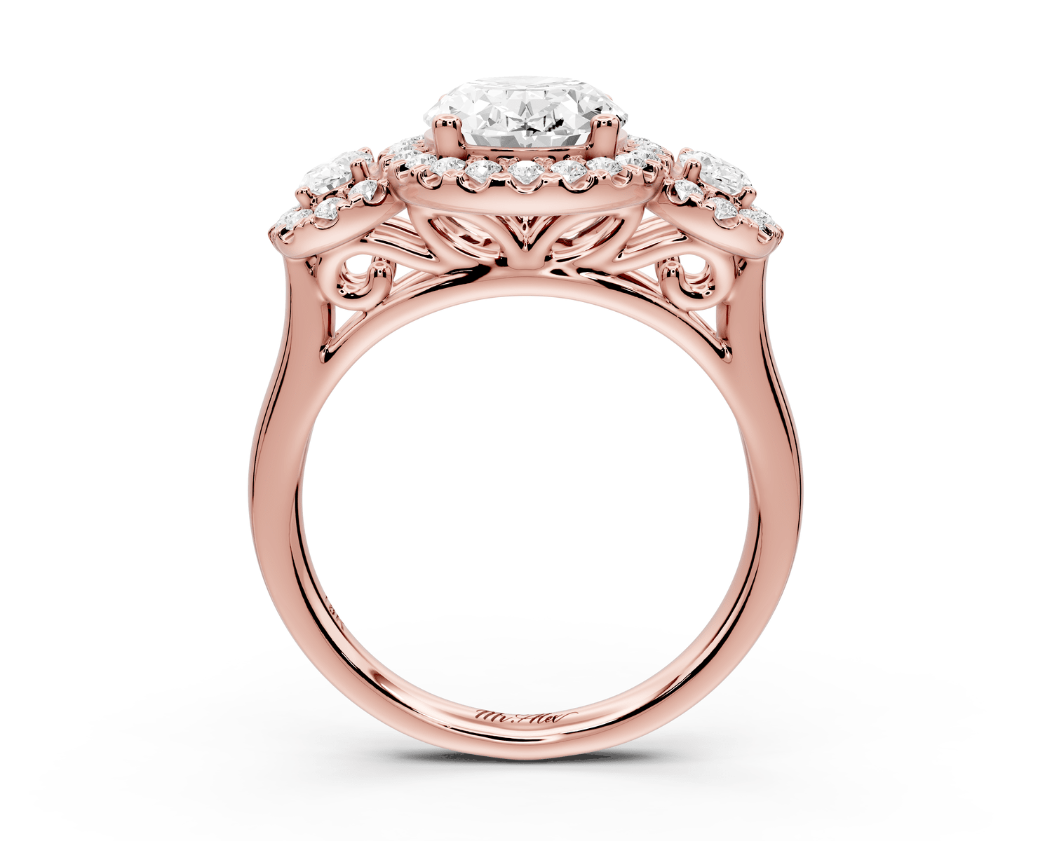 Iris - 2ct 18k rose gold Three stone oval Halo engagement ring - Mr. Alex Jewelry