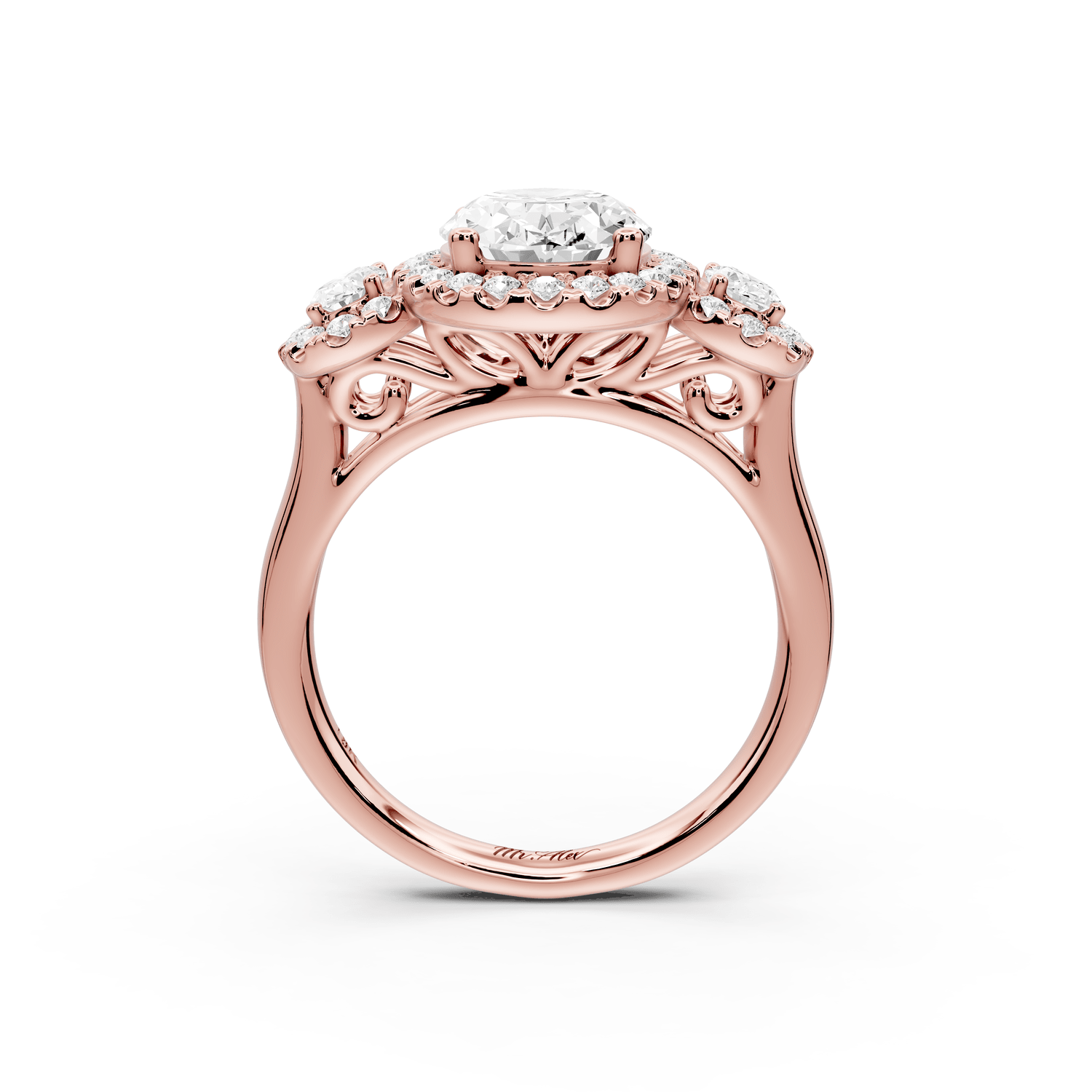 Iris - 2ct 18k rose gold Three stone oval Halo engagement ring - Mr. Alex Jewelry