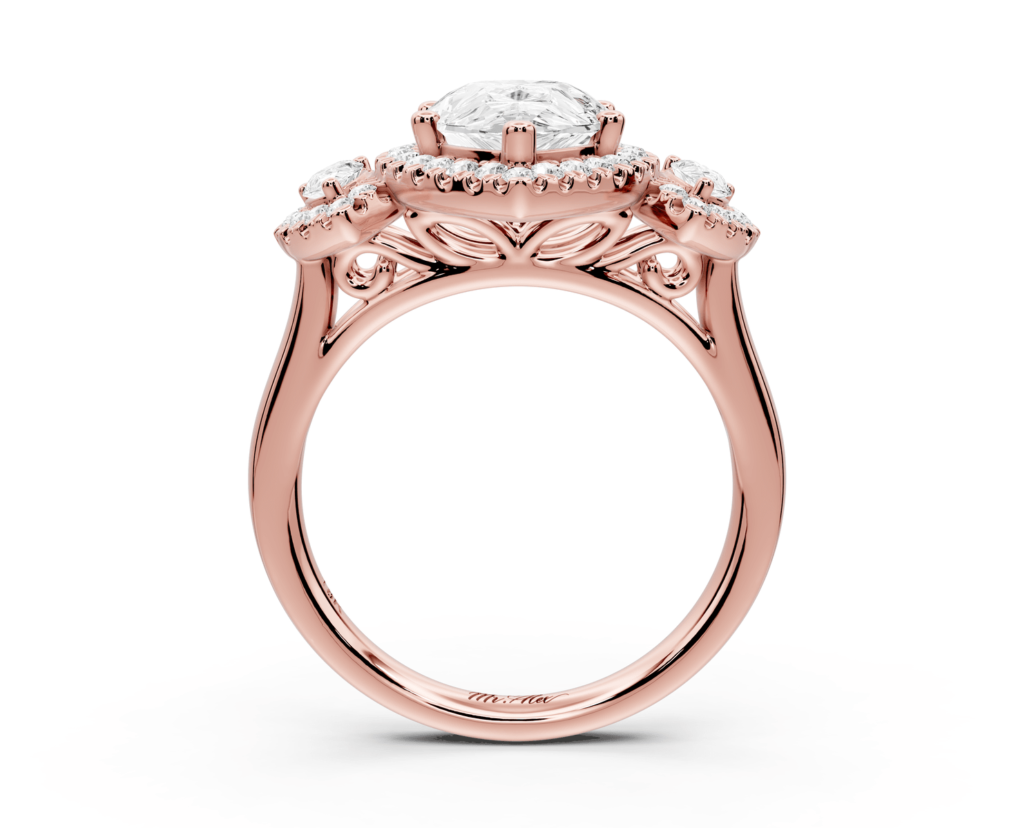 Iris - 2ct 18k rose gold Three stone pear Halo engagement ring - Mr. Alex Jewelry