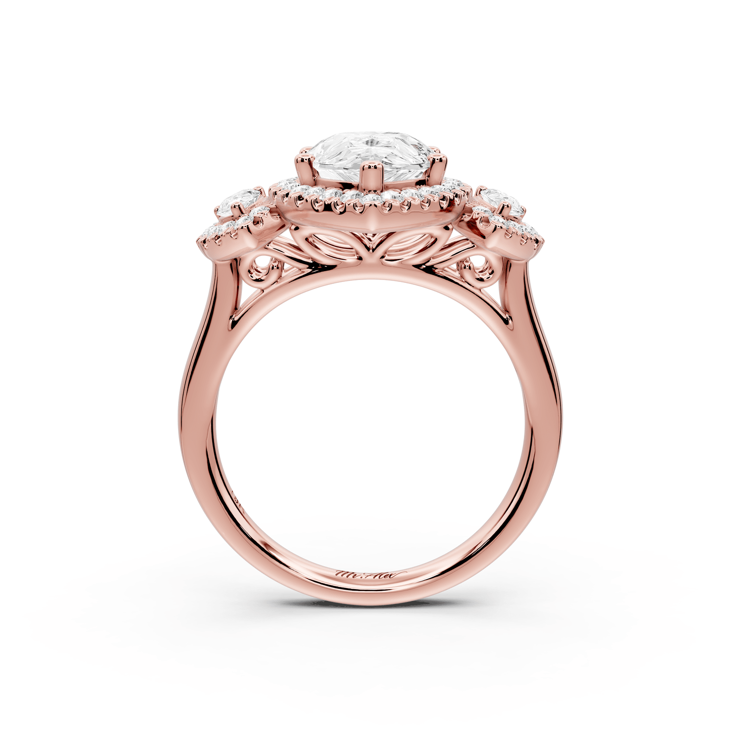 Iris - 2ct 18k rose gold Three stone pear Halo engagement ring - Mr. Alex Jewelry