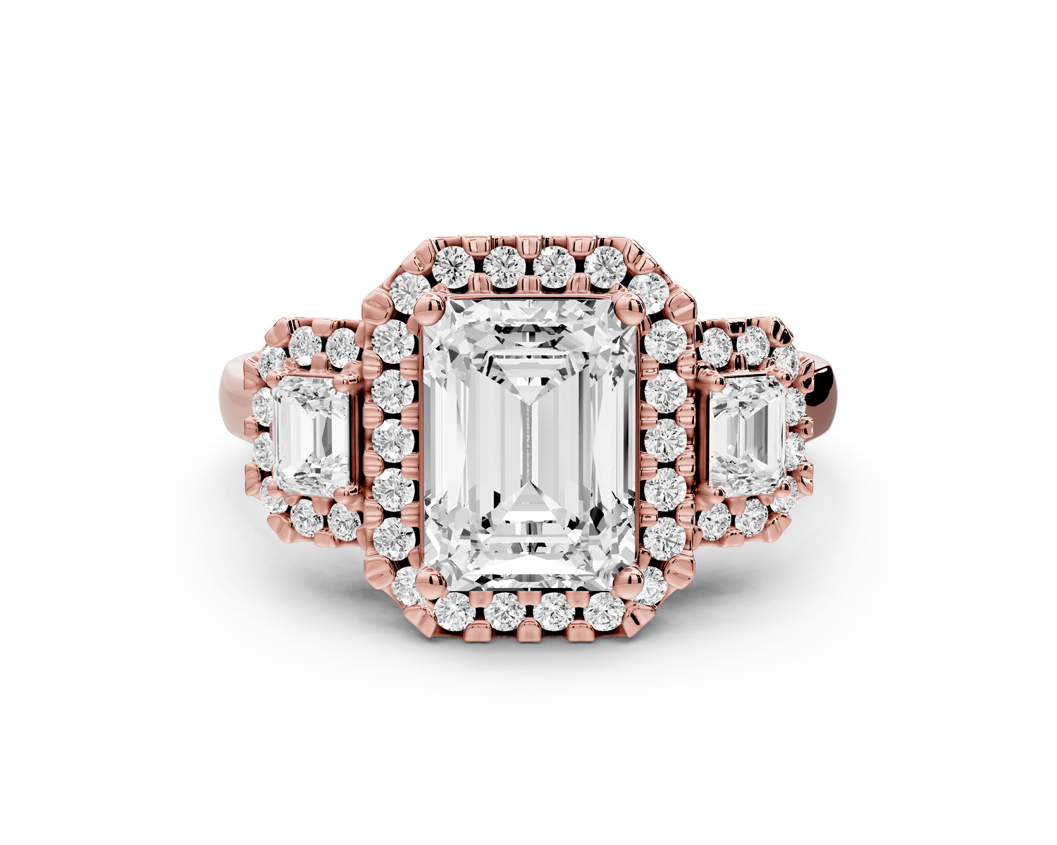 Iris - 2ct 18k rose gold Three stone radiant Halo engagement ring - Mr. Alex Jewelry