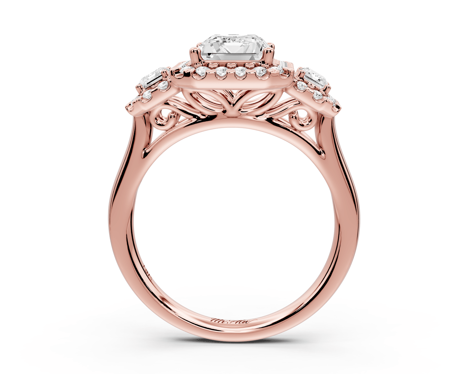 Iris - 2ct 18k rose gold Three stone radiant Halo engagement ring - Mr. Alex Jewelry