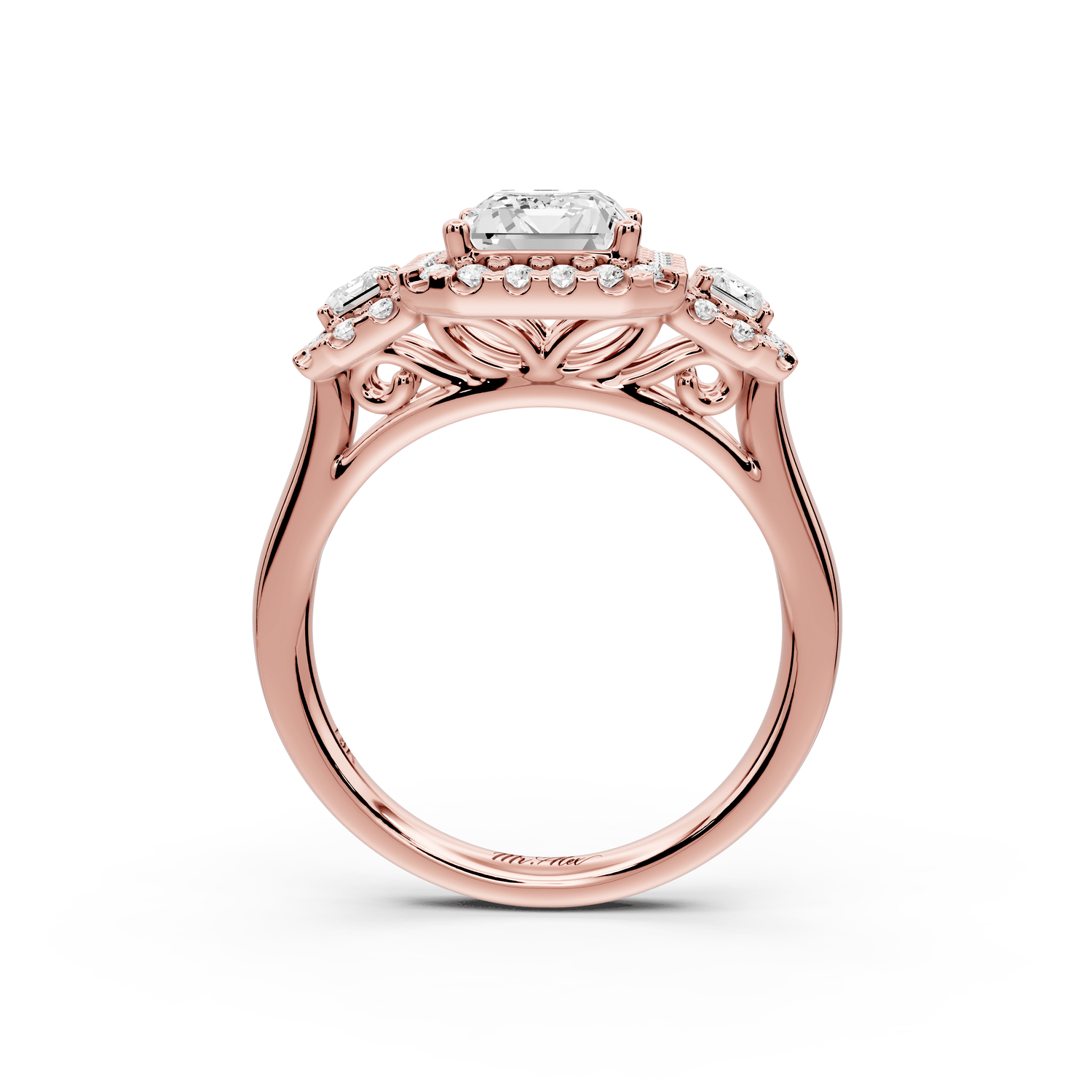Iris - 2ct 18k rose gold Three stone radiant Halo engagement ring - Mr. Alex Jewelry
