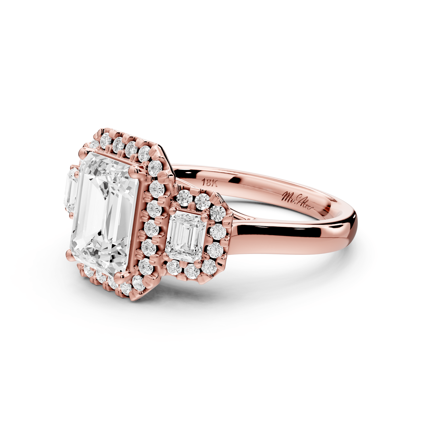 Iris - 2ct 18k rose gold Three stone radiant Halo engagement ring - Mr. Alex Jewelry