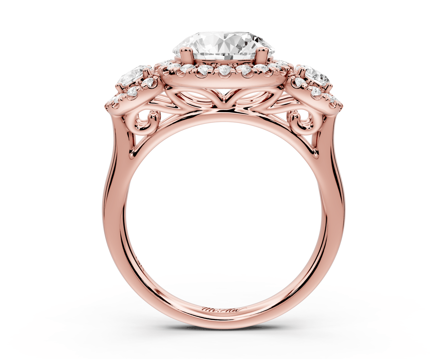 Iris - 2ct 18k rose gold Three stone round Halo engagement ring - Mr. Alex Jewelry