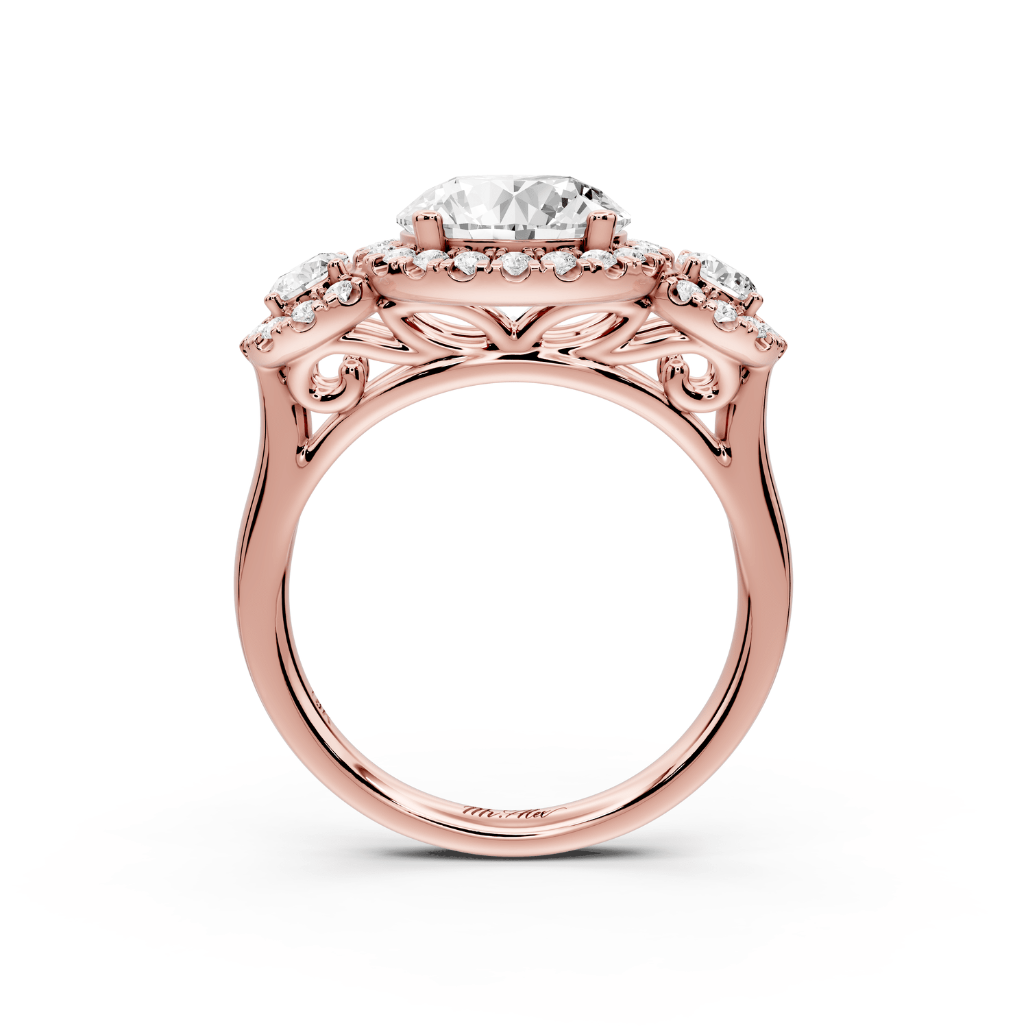 Iris - 2ct 18k rose gold Three stone round Halo engagement ring - Mr. Alex Jewelry