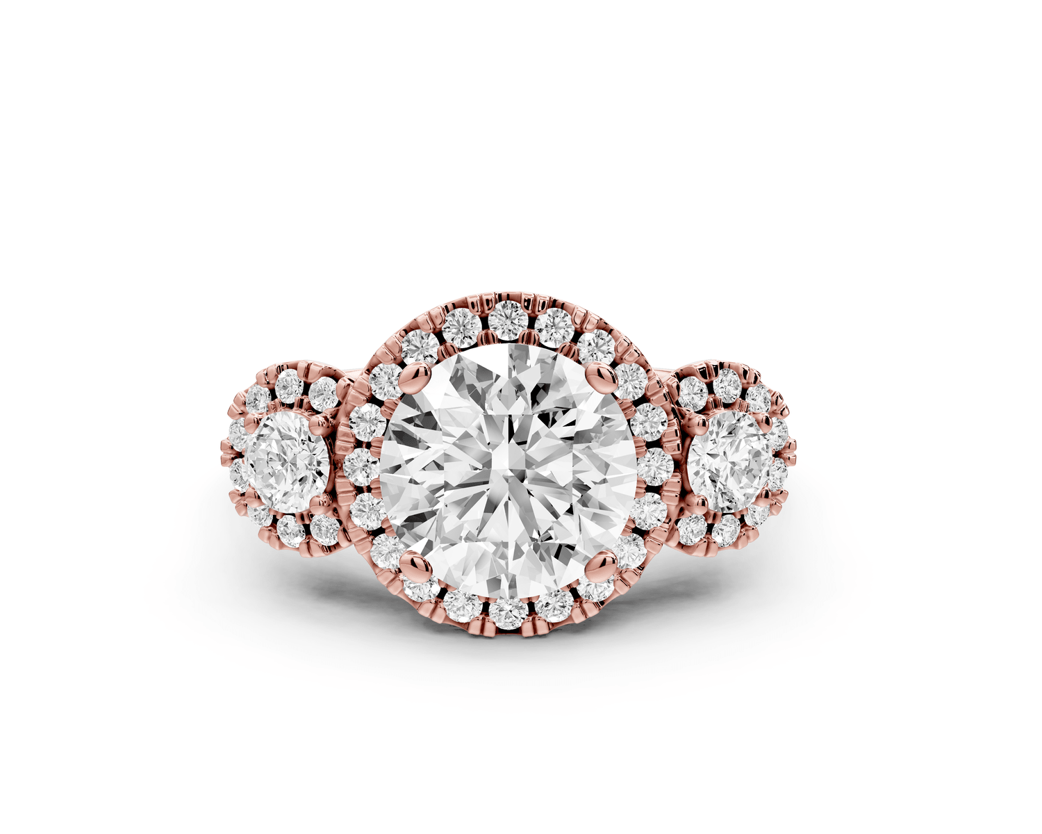 Iris - 2ct 18k rose gold Three stone round Halo engagement ring - Mr. Alex Jewelry