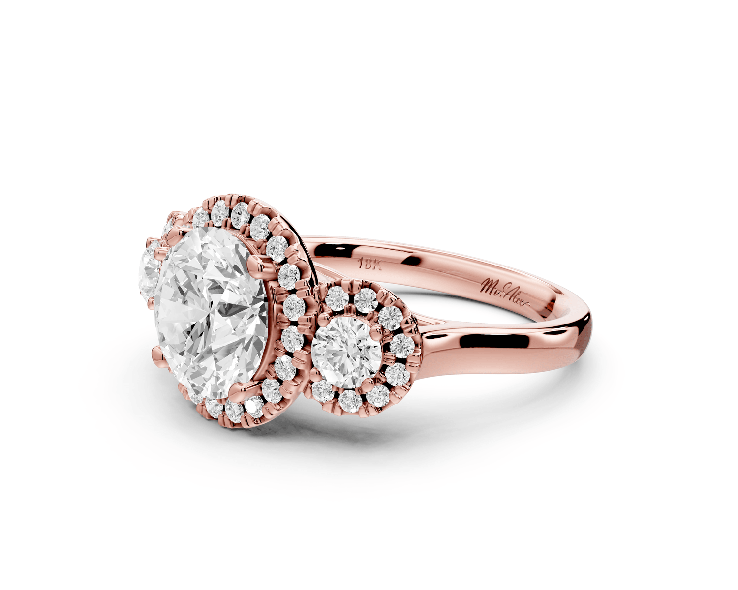 Iris - 2ct 18k rose gold Three stone round Halo engagement ring - Mr. Alex Jewelry