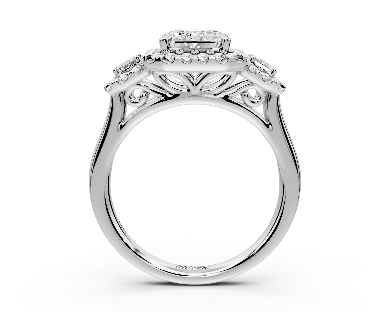 Iris - 2ct 18k white gold Three stone emerald Halo engagement ring - Mr. Alex Jewelry