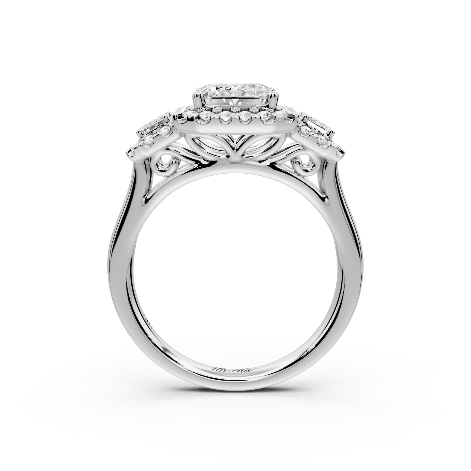 Iris - 2ct 18k white gold Three stone emerald Halo engagement ring - Mr. Alex Jewelry
