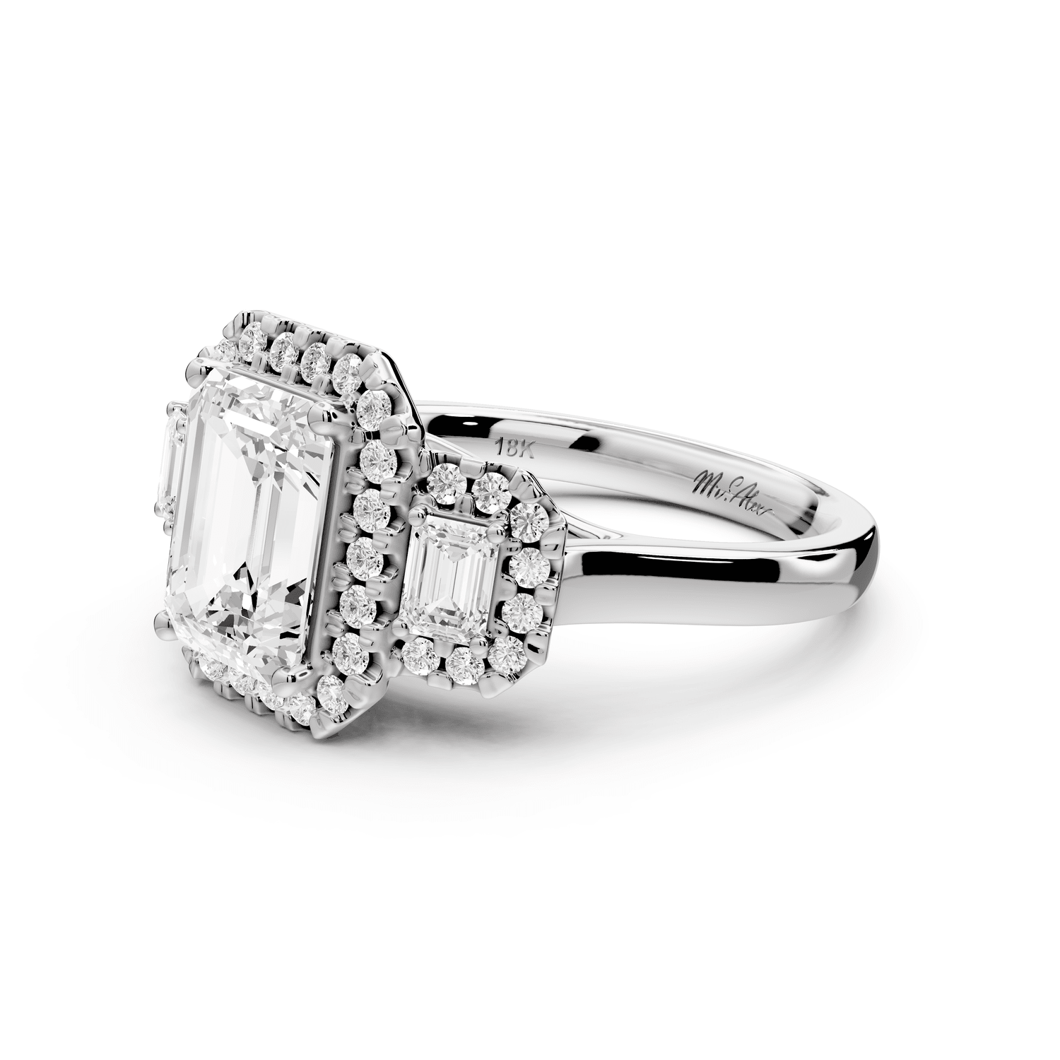 Iris - 2ct 18k white gold Three stone emerald Halo engagement ring - Mr. Alex Jewelry