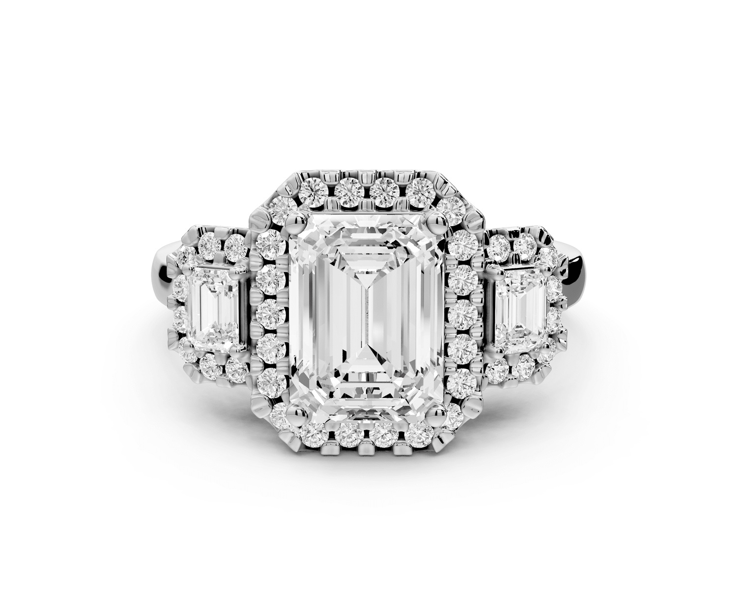 Iris - 2ct 18k white gold Three stone emerald Halo engagement ring - Mr. Alex Jewelry